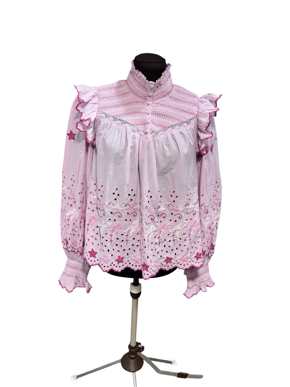 LoveShackFancy Kassie Embroidered Peasant Blouse Top Women’s Small Long Sleeve